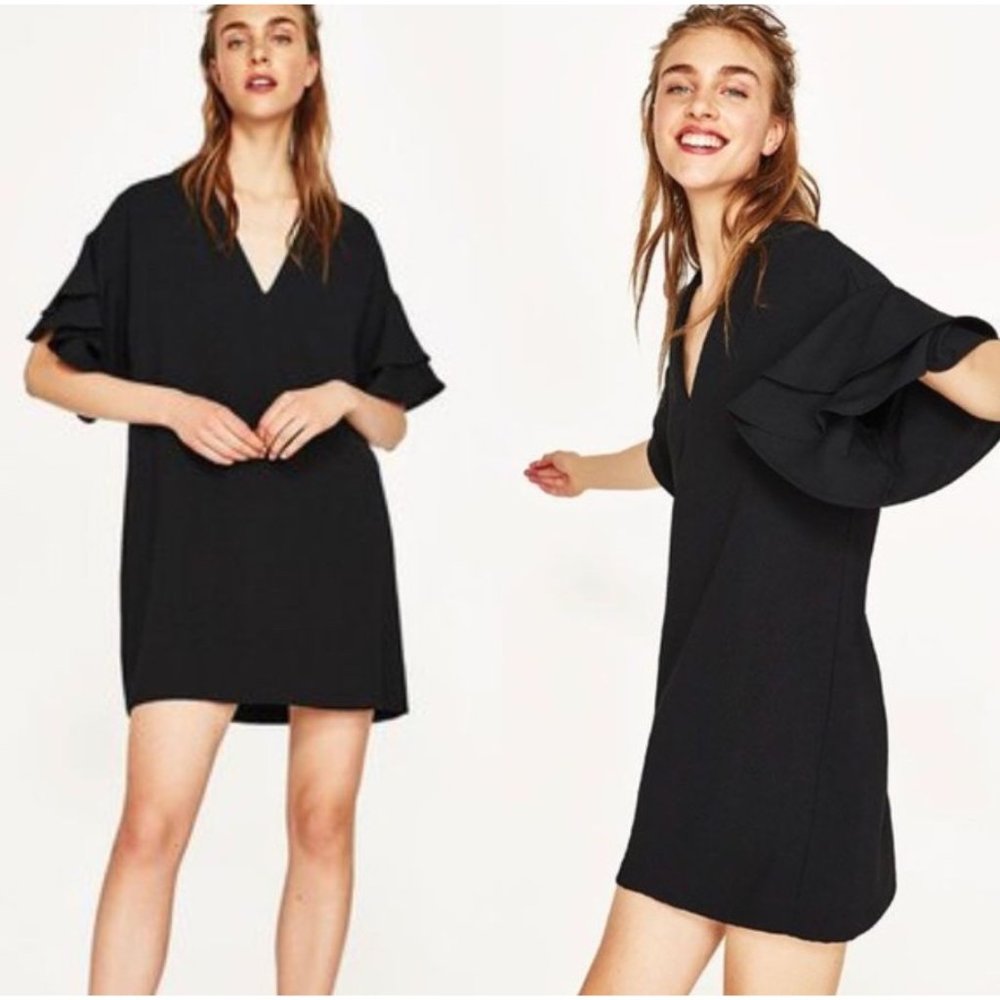 Zara Women's Ruffle Sleeve Shift Dress Sz M Black